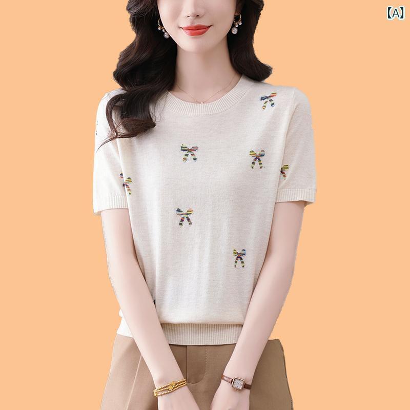 シンプル 半袖 ニット レディース Jiuzi 冷感 半袖 Tシャツ 女性 夏 母親 花柄 ミドル スリーブ 桑 シルク トップ ニット セーター