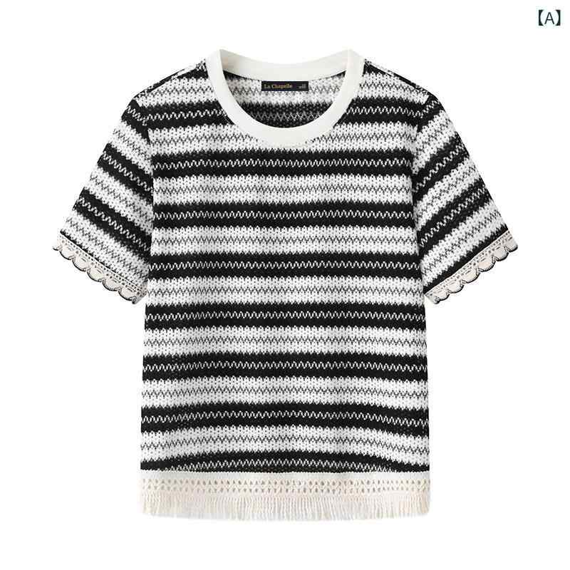 シンプル 半袖 ニット レディース La Chapelle / ラシャペル カジュアル 半袖 Tシャツ レディース 夏 ストライプ タッセル セーター