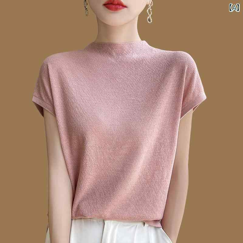 シンプル 半袖 ニット レディース 恒 元 祥 桑 絹 半袖 Tシャツ レディース 夏 無地 万能 冷感 ニット トップス 薄手