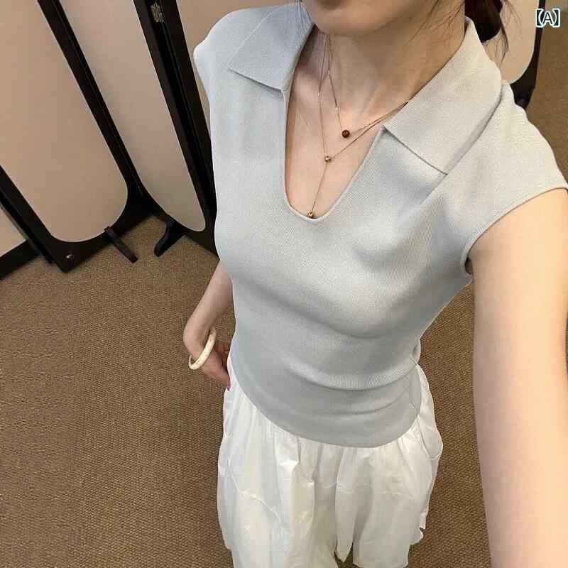 シンプル 半袖 ニット レディース フレンチ ポロ カラーの 小さい フライング スリーブ 冷感 ニット 半袖 Tシャツ 夏用 レディース ハイエンド スリムフィット ショート トップ