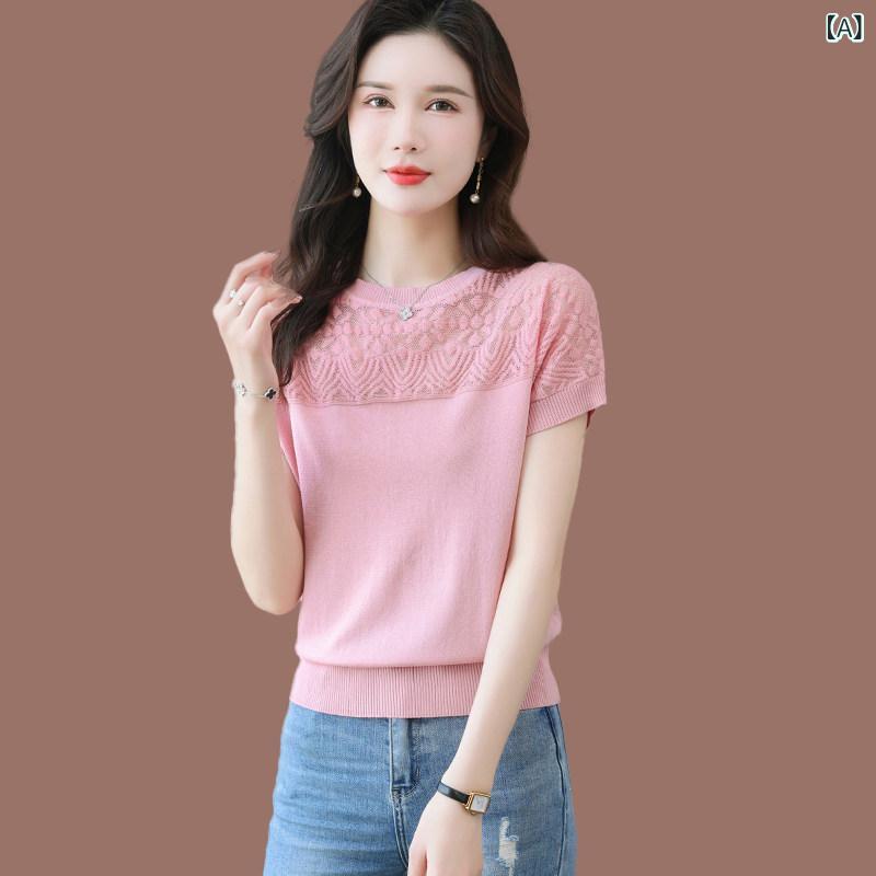 シンプル 半袖 ニット レディース マルベリー シルク ラウンドネック 半袖 Tシャツ レディース 薄手 夏型 ウエスタン 風 冷感 ニット セーター スカート 付き トップス