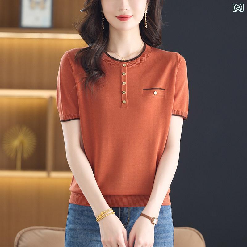 シンプル 半袖 ニット レディース ラウンドネックの 冷感 ニット 半袖 Tシャツ 女性用 薄手 2025夏 ゆったり スタイリッシュ マザー シャツ トップ