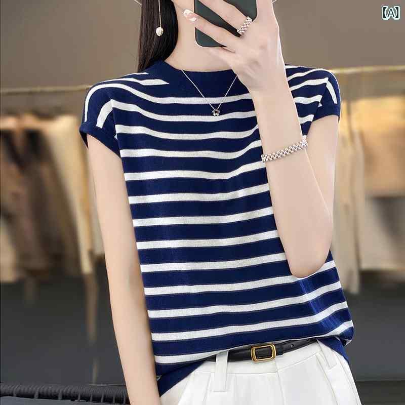トップス 半袖 ニット 梳 毛 夏の ウール 半袖 Tシャツ レディース ラウンドネック カラーマッチング ストライプ ゆったり ニット ベスト スリム レイヤリング シャツ