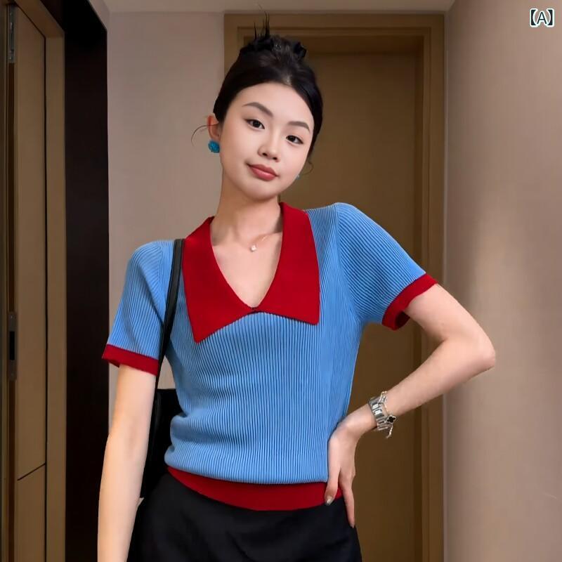 トップス 半袖 ニット 大きいサイズ 韓国 ポロ ストレート ショルダー 半袖 レディース Tシャツ新 mm お腹 カバー 薄手 冷感 ニット トップス