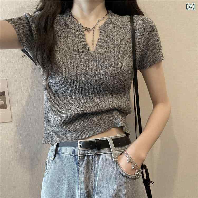 トップス 半袖 ニット アメリカ 夏の シック Vネック Tシャツ 薄手 半袖 冷感 ニット セーター 女性 スリム ヒョン ヤ スタイル ショート トップ