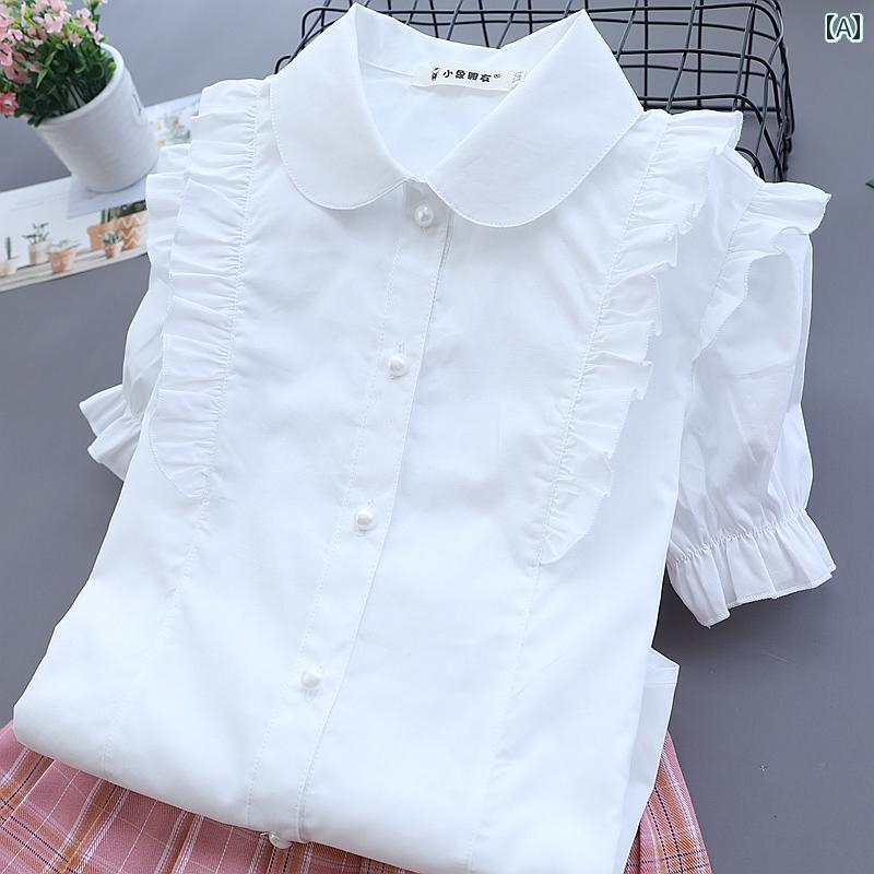 キッズ ブラウス 女の子用 女の子 シャツ 夏 半袖 小学校 制服 白 カレッジ スタイル 綿 子供 インチ 年長児