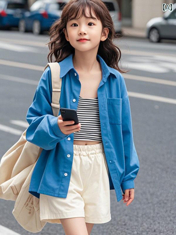 キッズ ブラウス 女の子用 女の子 レトロ クラインの 青い シャツ 子供 2025夏の 女の子な ゆったり 長袖 トップス
