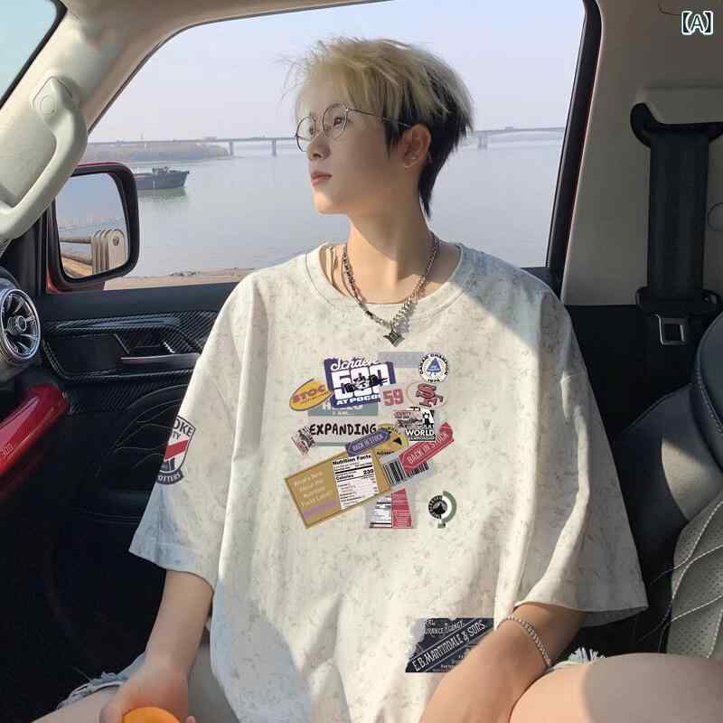 プリント Tシャツ メンズ アメリカン プリント 半袖 Tシャツ メンズ 2025夏の新 スタイル ラウンドネック ゆったり トップス