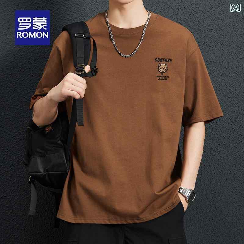 プリント Tシャツ メンズ ロモン コットン 半袖 Tシャツ メンズ ゆったり 夏 薄手 綿 ラウンドネックトップス