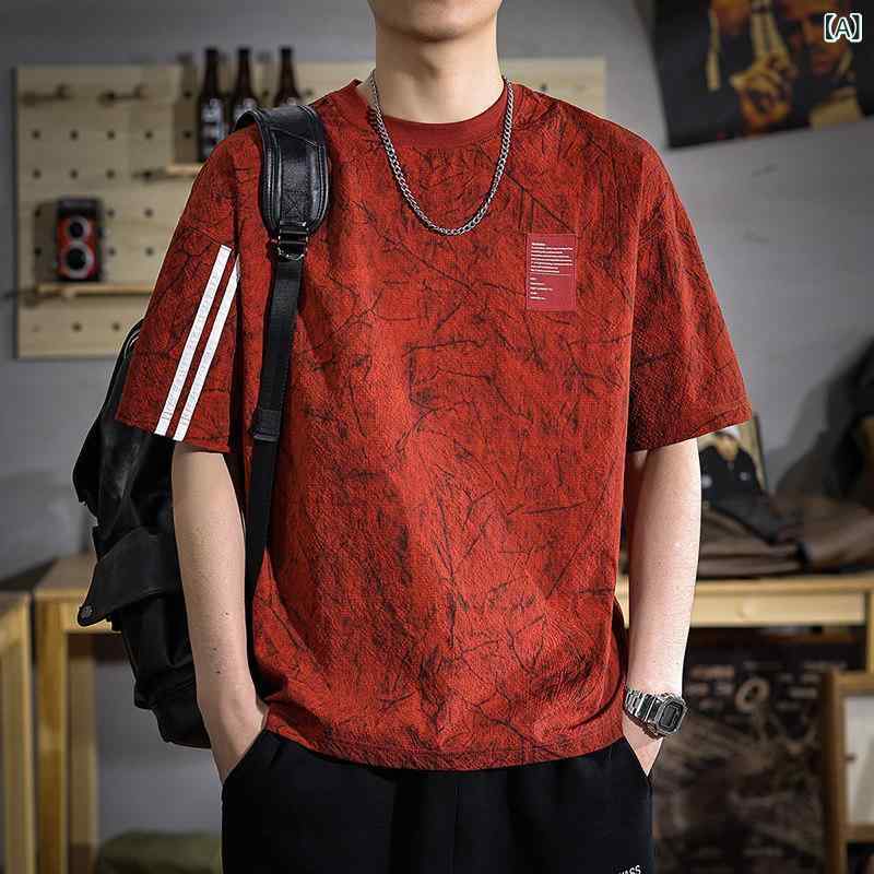 プリント Tシャツ メンズ 夏の 高級 レッド メンズ 半袖 Tシャツ アメリカン 大きいサイズ ゆったり カジュアル 冷感