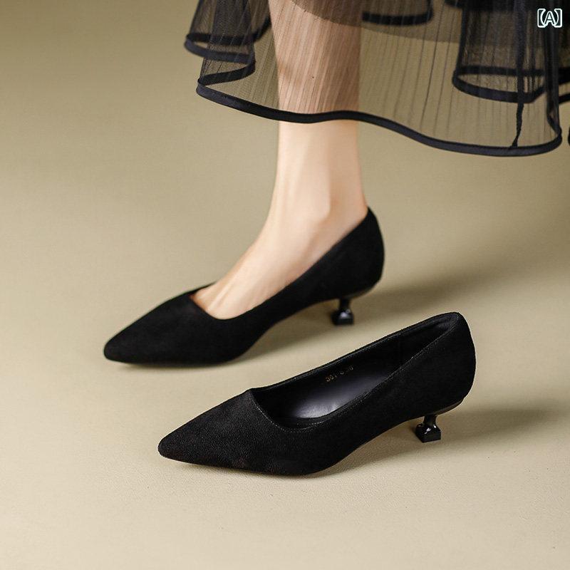 レディース パンプス 雅びやか 足が 疲れにくい 3 糎の小 踵シューズ。 お上さん用。 フレンチ 風の 分かりやすい 尖った 黒の スエードクロス 原料品の 折りかがみ 細工物 ハイヒール。