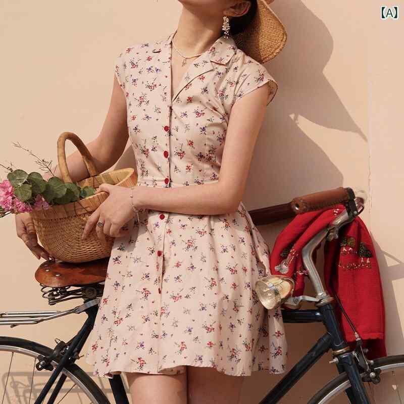 シャツワンピース ショート丈 かわいい 女性用ノー カット ハート ドキドキ フレンチ レトロ 花柄 ドレス ハイウエスト スリミング Vネック aライン ショート 小さめ サイズ|北摂軽太郎便