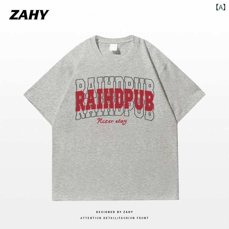 メンズTシャツ ワンポイント アメリカン ストリートの 雰囲気の レター プリント メンズ Tシャツ 半袖 夏 レトロ ストリート ラウンドネック ヘビー トップ