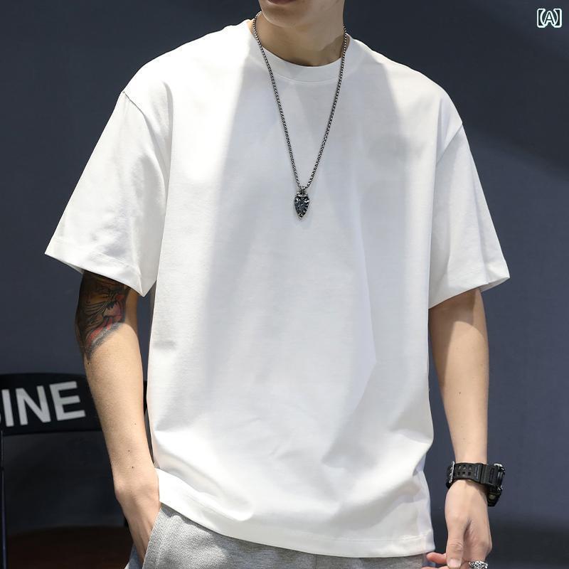 メンズTシャツ ワンポイント 夏用 ソリッドカラー 半袖 Tシャツ コットン ヘビーウェイト ラウンドネック ホワイト インナーレイヤリング シャツ メンズ