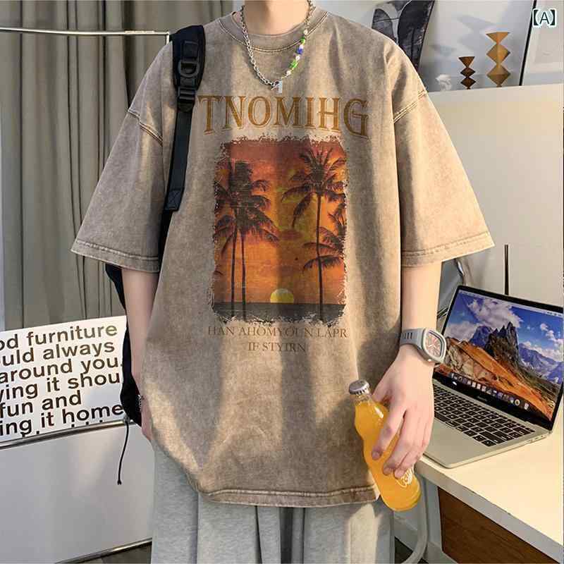 メンズTシャツ ワンポイント ウォッシュ 加工 280グラム ヘビーウェイト 半袖 Tシャツ メンズ 夏 レトロ トップ アメリカ