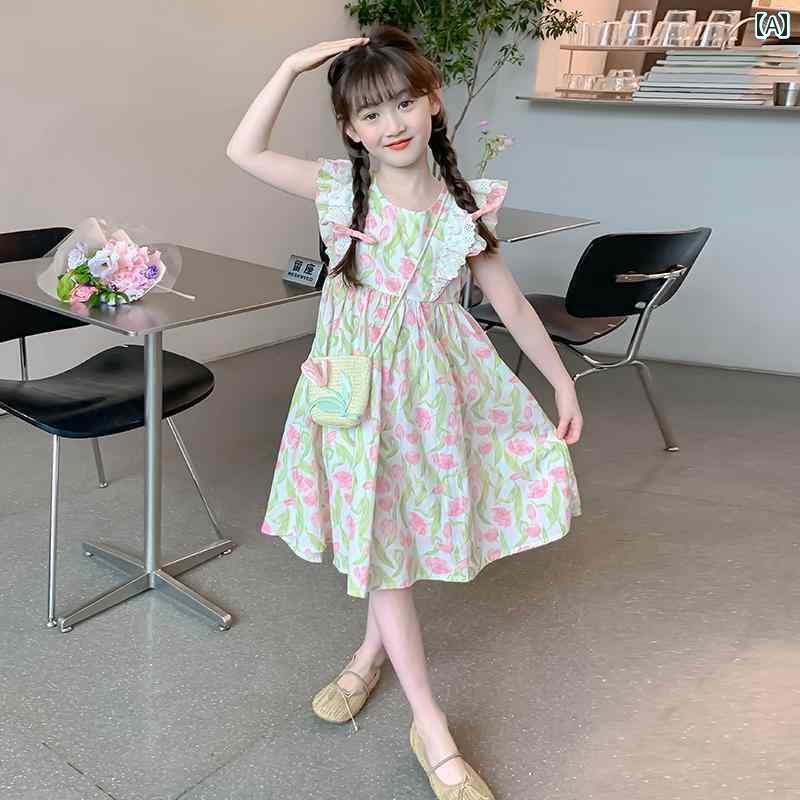 キッズ用 ワンピース 女の子 夏の プリンセス ドレス 2025 花柄 子供用 フライング スリーブドレス 小さい