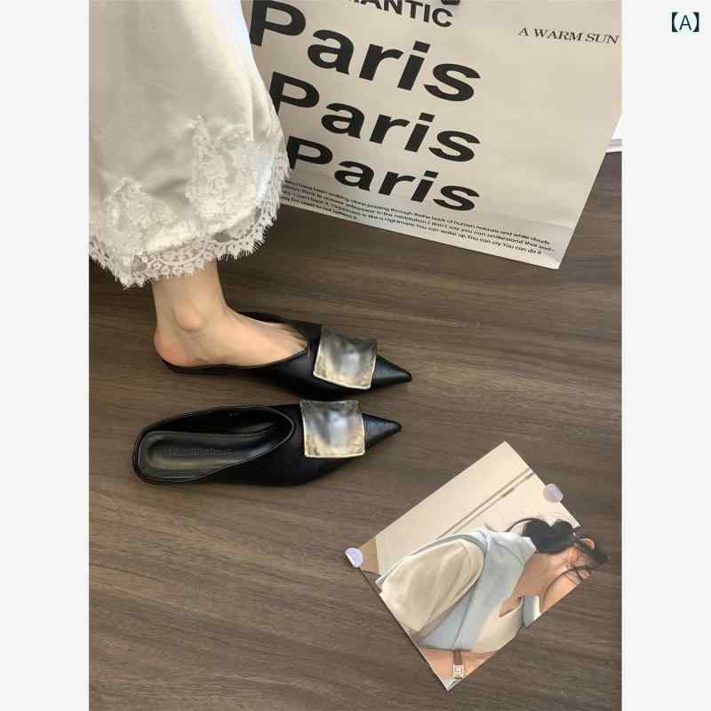 ミュール レディース 上品 ファッション の フランス製 メタル スクエアバックル ハーフ スリッパ 女性用 アウターウェアと して 着用 可能 の 夏用 ハイヒール サンダル フラット ミュール