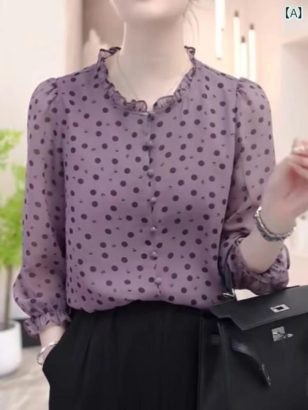ドット柄 水玉 ブラウス シャツ 水玉 シフォンシャツ レディース 夏 薄手 2024 ゆったり お腹 カバー おしゃれ シャツ 七分袖 トップス