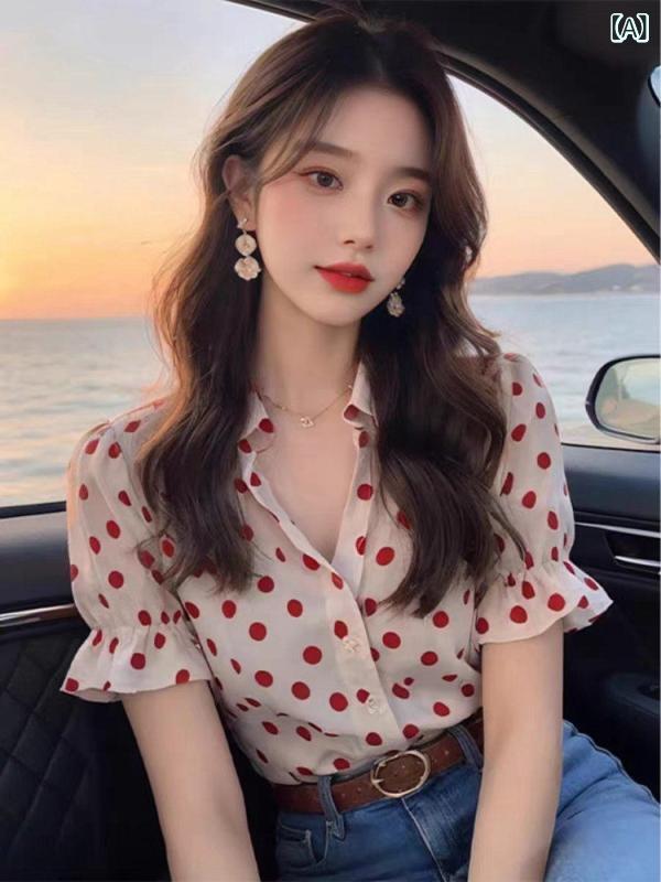 点点柄 水玉 トップ プルオーバー 2025夏の 商いもの 美しくて かっこいい お上さん用 プルオーバー と 年歳を 減らす 点点の パフ捩り シフォンプルオーバー