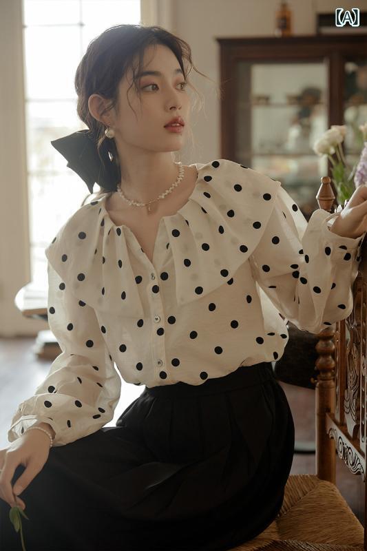 点点柄 水玉 トップ プルオーバー Yixiaoxiao 点点 ラージ プルオーバー レディース 春夏 フレンチ レトロ ハイエンド トップス