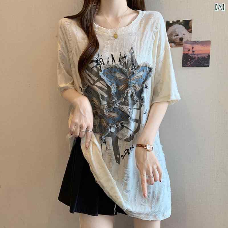 Tシャツ スカル レディース アメリカン レトロ バタフライ パッチ 破れ 半袖 Tシャツ レディース 大きめ サイズ 太め mm ゆったり めの スタイル 商品 トップス