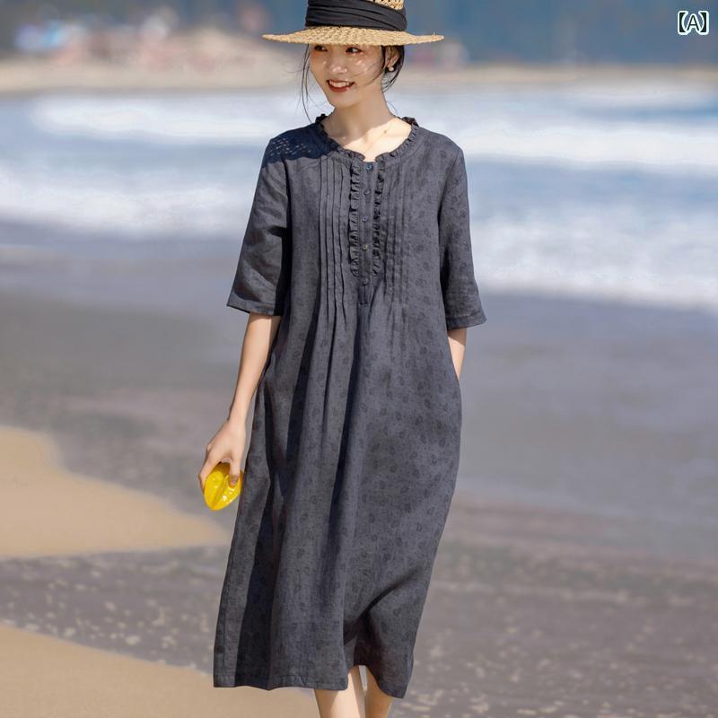 カジュアル ワンピース ひざ丈 春夏用の 高級 リネン スカート お腹を カバー する ゆったり フィット 中年 ママ エレガントな コットンと リネンの 女性用 カジュアル ドレス