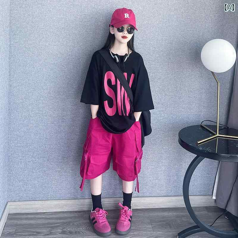 キッズ カジュアル パンツ セット 女の子 夏の スーツ 2025 子供の な 半袖 Tシャツ オーバー オール ツーピースの