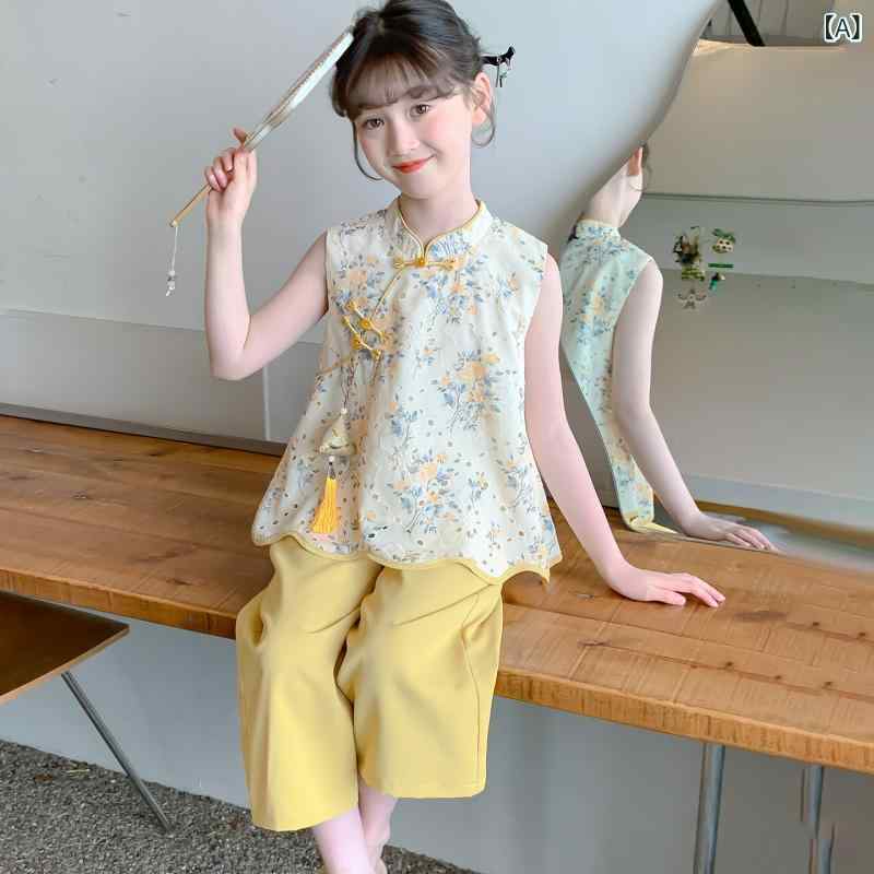 キッズ カジュアル パンツ セット 女の子 夏の スーツ 2025 子供用 漢服の チャイナ風 トップス 風の かっこいい ツーピース