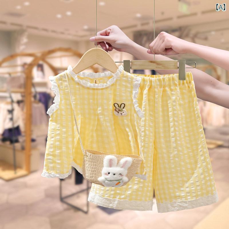 キッズ カジュアル パンツ セット La Chapelle 女の子 夏用 ノースリーブ スーツ 2025年 子供用 ベビー チェック 柄 ベスト ワイド レッグ パンツ ツーピース