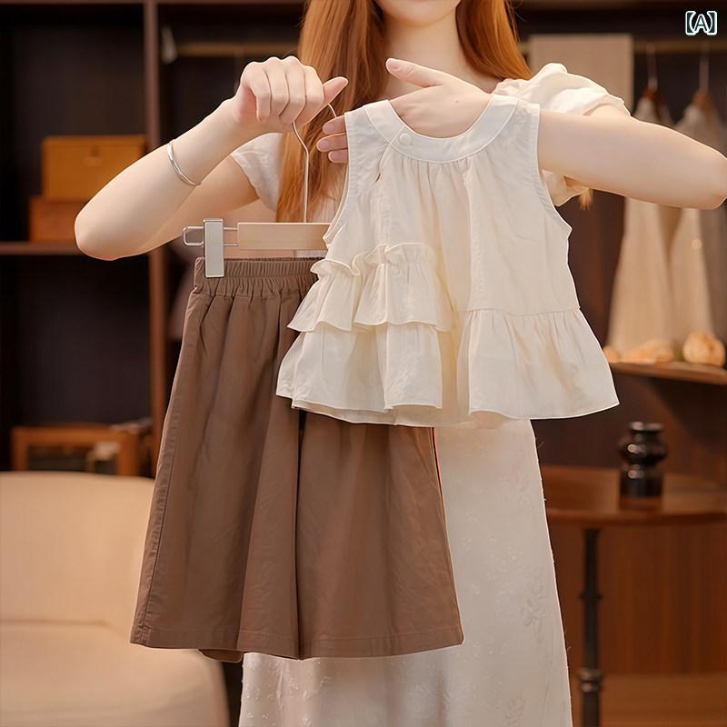 子供服 カジュアル パンツ セット 女の子 ノースリーブベスト スーツ 夏 2025 子供用 スタイリッシュな トップス ワイド レッグ パンツ ツーピース