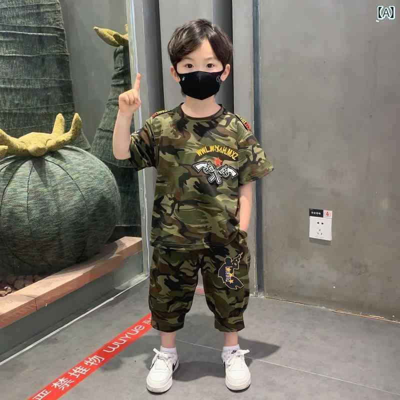 子供服 カジュアル パンツ セット 男の子 夏の スーツ 子供服 2025 クールな 迷彩 服 ベビー 半袖 スポーツ
