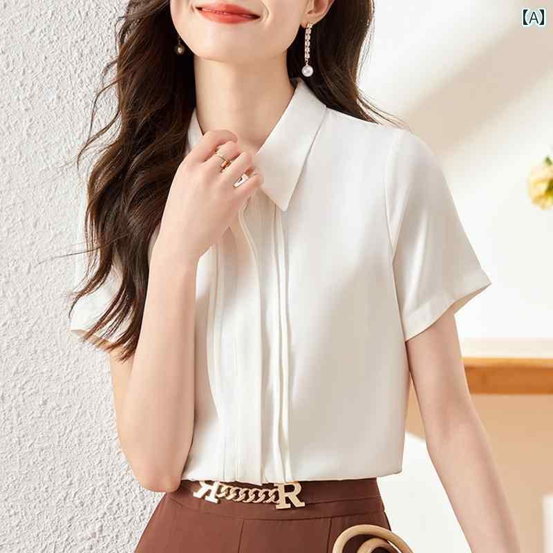 無地 ブラウス シャツ シフォンシャツ レディース 半袖 ゆったり 夏 薄手 ドレープ トップ ハイエンド ホワイト シャツ｜北摂軽太郎便