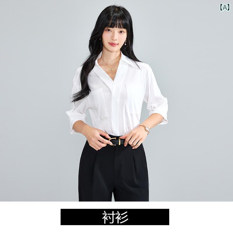 事務服 セット アップ レディース 明るい 白の Vネック シャツ 女性用 半袖 夏の 面接 フォーマルウェア 毎日の 通勤 プロ スーツ トップス｜北摂軽太郎便 11,297円
