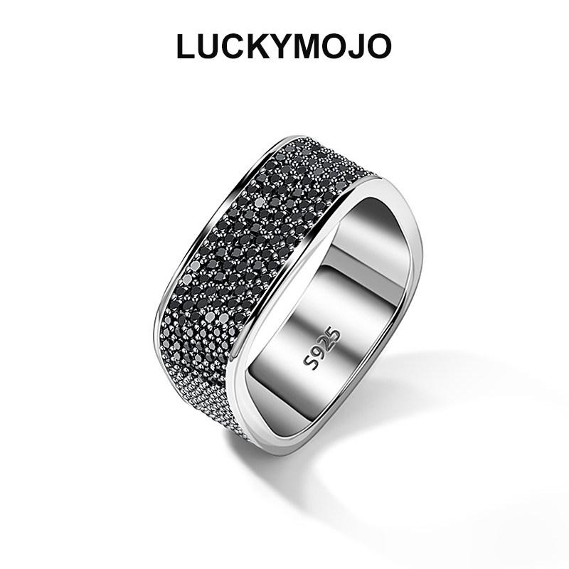 指環 輪っか メンズ LUCKYMOJO S925 はやりっ児 輪っか しろがね色 象嵌 黒いこと石ころ 真四角 メンズ ハイエンド 人さし指 亭主もち用