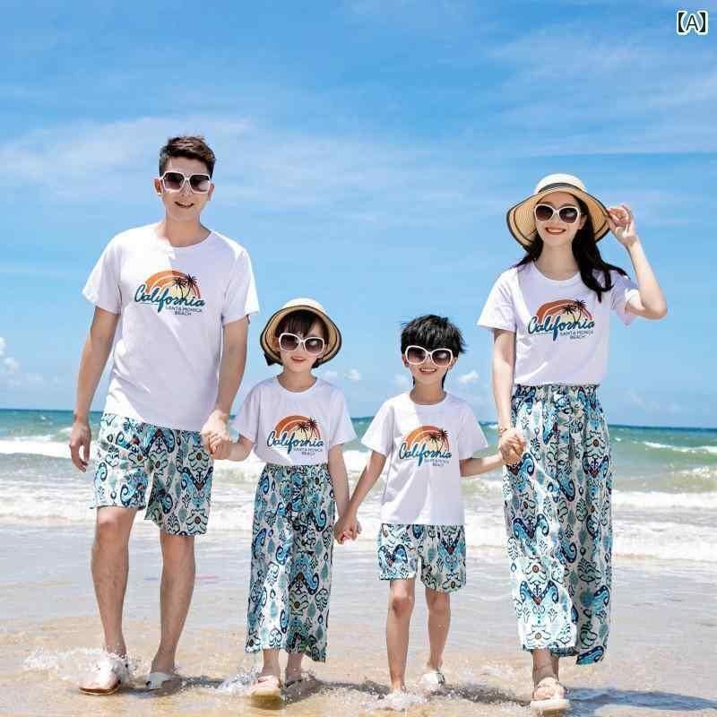 お揃い ファッション コーデ ペアルック カジュアル 2024年 三 亜 ビーチ ファミリー 3人または 4人 親子 服 海辺 旅行 カップル 九分丈 ワイド レッグ パンツ スーツ画像