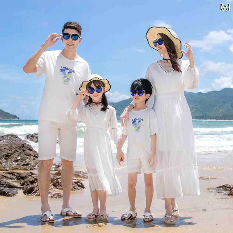 お揃い ファッション コーデ ペアルック カジュアル 2024夏の 親子 服 3人 家族 海辺での 休暇 母と 娘の ビーチ ドレス 白い フェアリーの ロング スカート