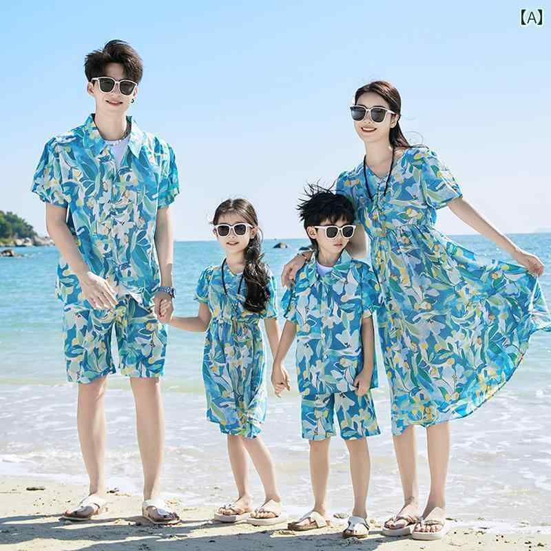 お揃い ファッション コーデ ペアルック カジュアル ビーチ バケーション 親子 衣装 2024 母 娘 息子 夏 3人または 4人 家族 大きいサイズ スカート