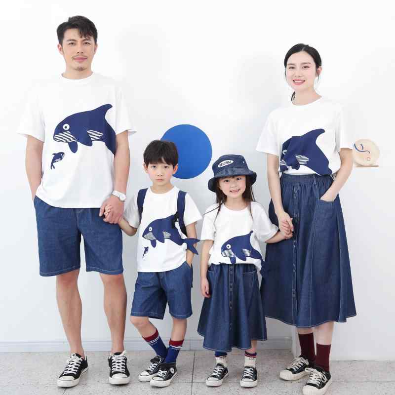お揃い ファッション コーデ ペアルック カジュアル 2025夏 コットン Tシャツ クジラ 母子 親子 コーデ / 水族 館 ファミリー 3人または 4人