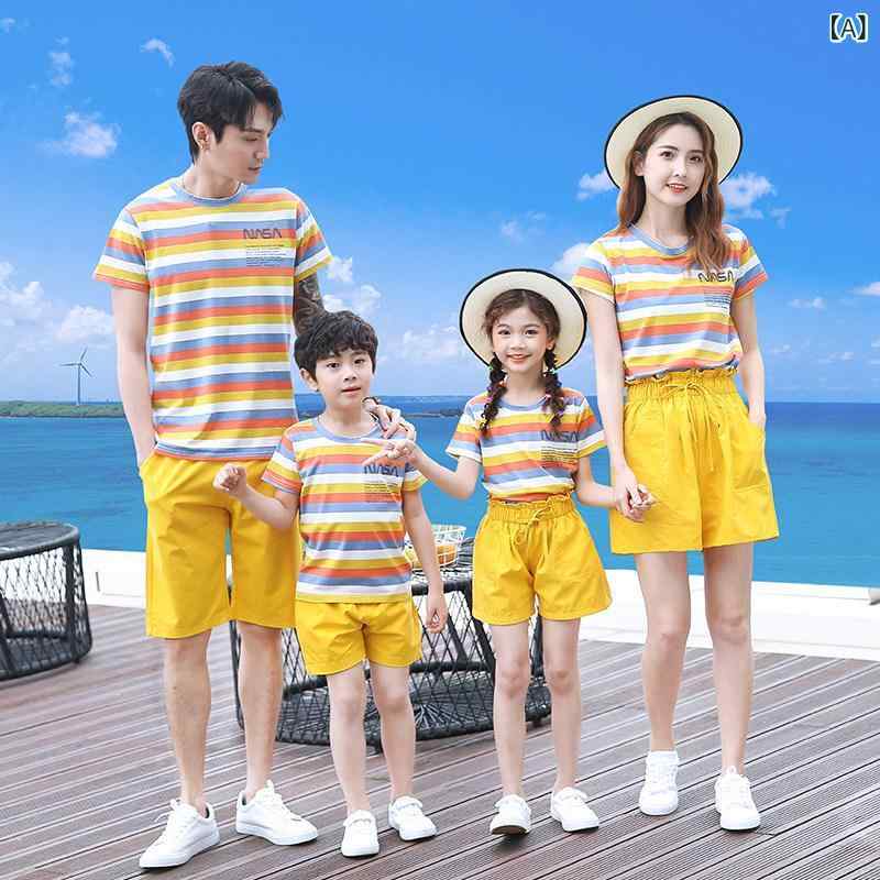 お揃い ファッション コーデ ペアルック カジュアル ビーチ 親子 夏服 34人 家族 夏の 母と 娘の 服 高級 子の ストライプ 海辺の 休暇 スーツ