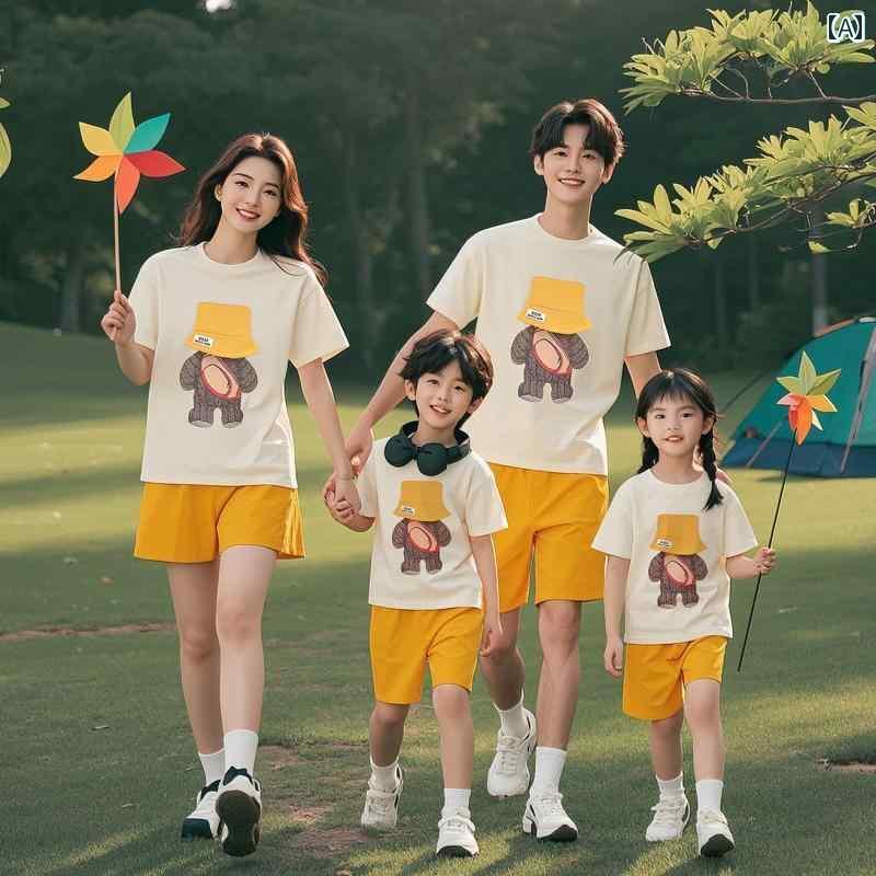 お揃い ファッション コーデ ペアルック カジュアル ネット ストリート ブラスト 夏 親子 衣装 3人 家族 Tシャツ 高級 ベビー 母 娘 帽子 クマ 綿 半袖