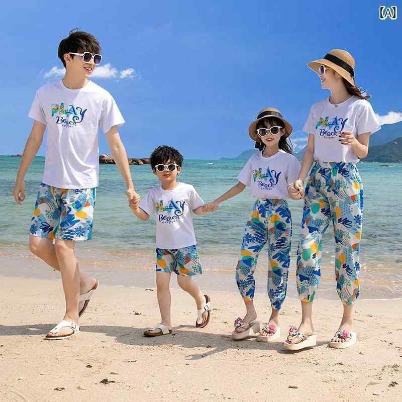 お揃い ファッション コーデ ペアルック カジュアル 34人 家族向け 親子 服 三 亜 海辺の 旅行 休暇 ビーチ 半袖 Tシャツ メンズスーツ ドレス 夏服画像