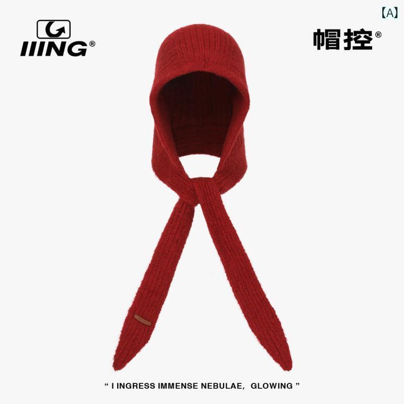 かわいい ニット 帽子 IIING 帽子 コントロール レッド ニット 帽 レディース 秋冬 厚手 暖かい 耳 保護 ウール スカーフ 付き