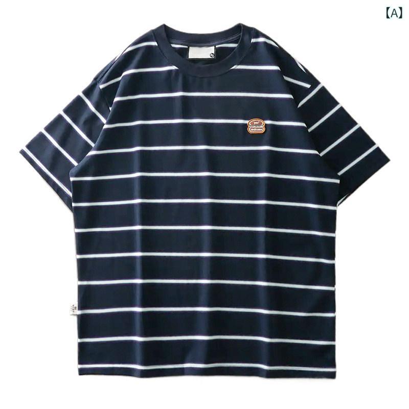 ストライプ Tシャツ 男性用 260 G ヘビーウェイト ストライプ Tシャツ 半袖 メンズ 夏 刺繍 ラウンドネック セーラー シャツ シティ ボーイ