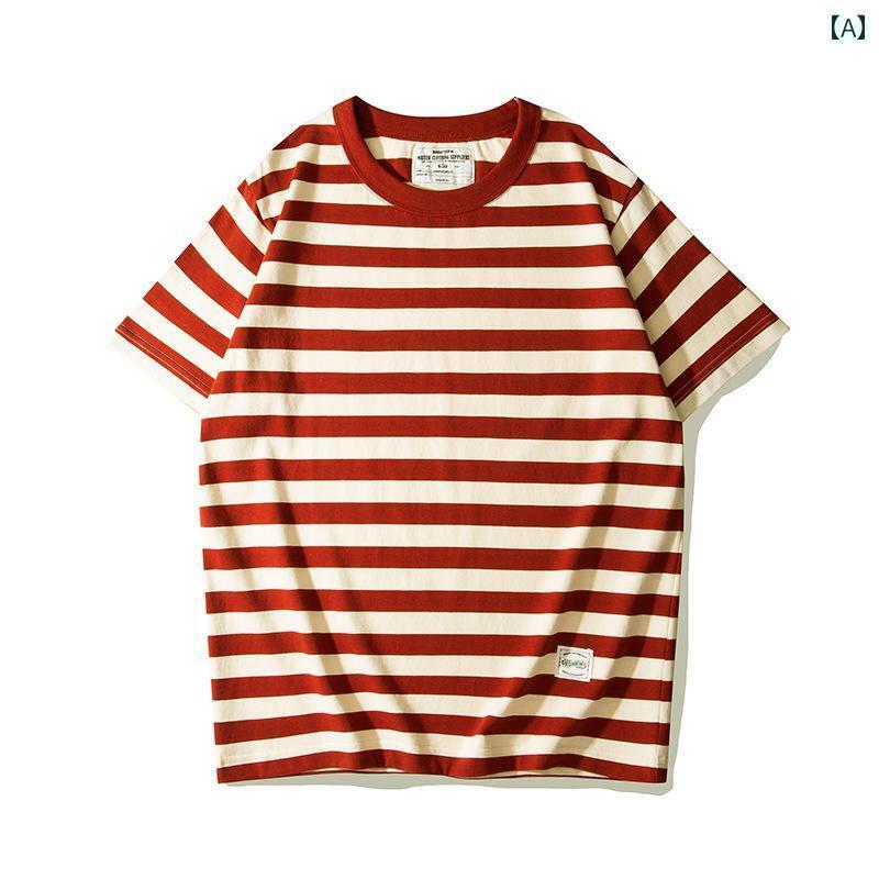 ストライプ Tシャツ 男性用 赤い ストライプ 230 G レトロ セーラー シャツ 男女兼用 綿 半袖 Tシャツ ゆったり ヴィンテージ ボトム