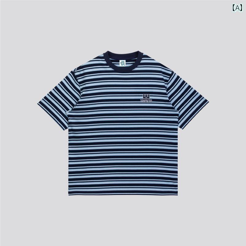 ストライプ Tシャツ 男性用 TGWALLBeautiful Mail コントラスト ストライプ カップル 半袖 Tシャツ 男女兼用 ゆったり カジュアル 万能 ショート