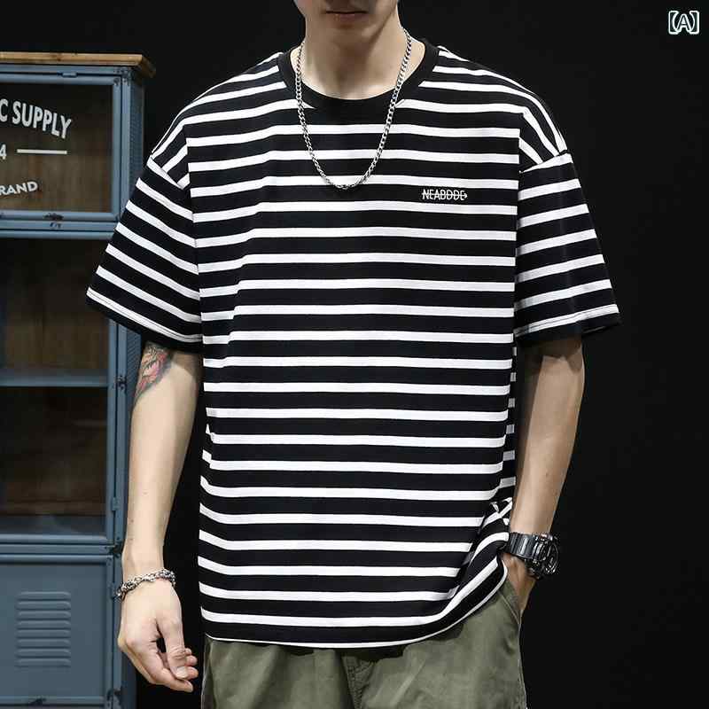 縞模様 ティーシャツ 成人男性用 春夏 黒と 白の 縞模様 ティーシャツ メンズ ゆったり アメリカン ラウンドのど首 半袖 200重量ポンド 大層らしい大きさ マン トップス