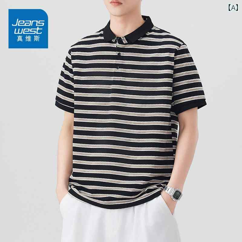 縞模様 ティーシャツ 成人男性用 Jeanswest アメリカン 縞模様 半袖 ティーシャツ メンズ 2025夏 ゆったり 全能 心地よい 通気性 スポーツシャツ