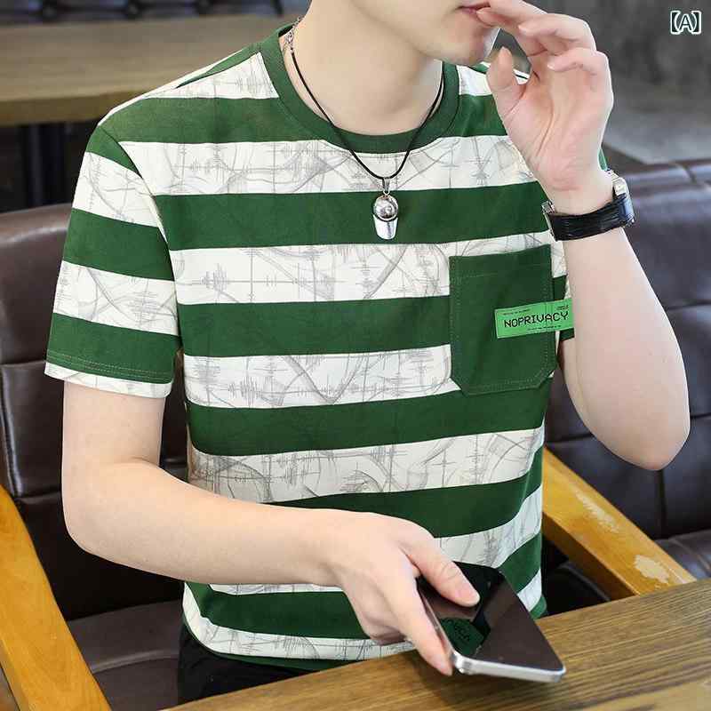 ストライプ Tシャツ 男性用 ストライプ メンズ 半袖 ラウンドネック 冷感 薄手 Tシャツ 2025夏 カジュアル