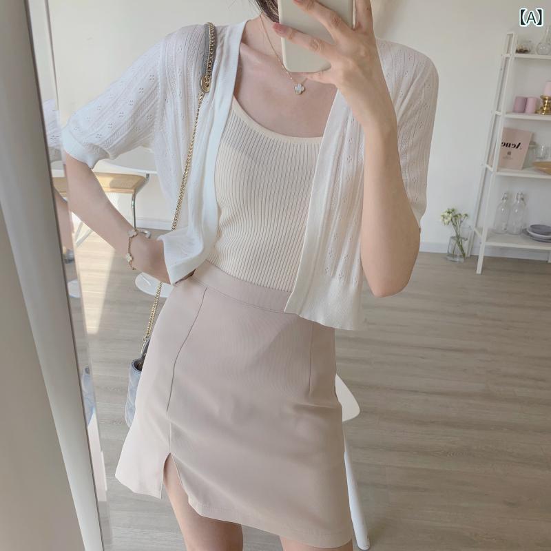 カーディガン トップス 女性用 冷感 カーディガン レディース 夏 薄手 半袖 ニットウェア スカートと ゆるい 日焼け防止 ショール トップ 付き｜北摂軽太郎便