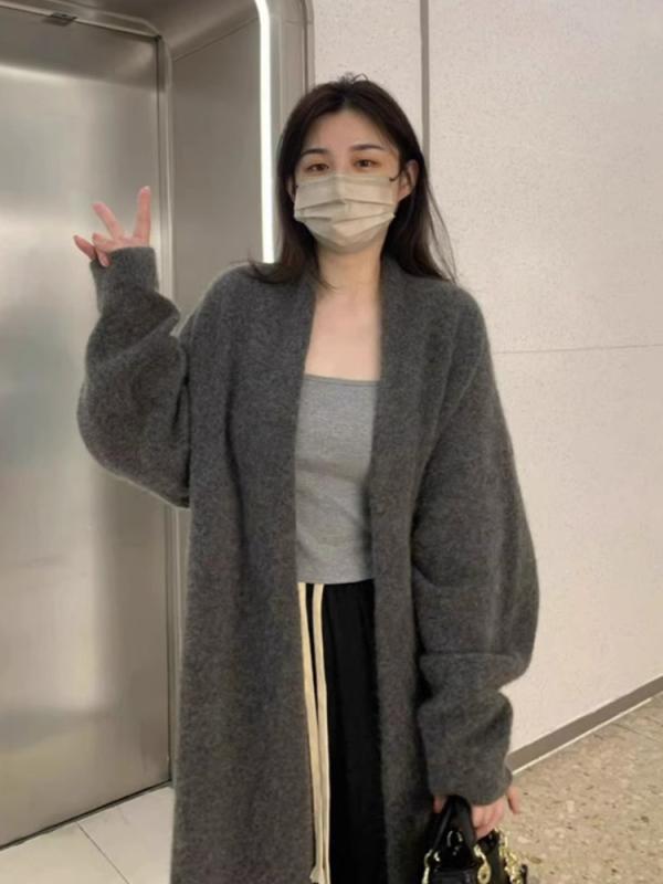 グレーニットカーディガン レディースの 真っただ中 丈の 膝上 ジレー 厚地の外套 秋冬 御手柔らかにて ゆったり 表現スタイル 朦々たる 羊毛 薄墨色 編み物ジレー 厚地の外套。